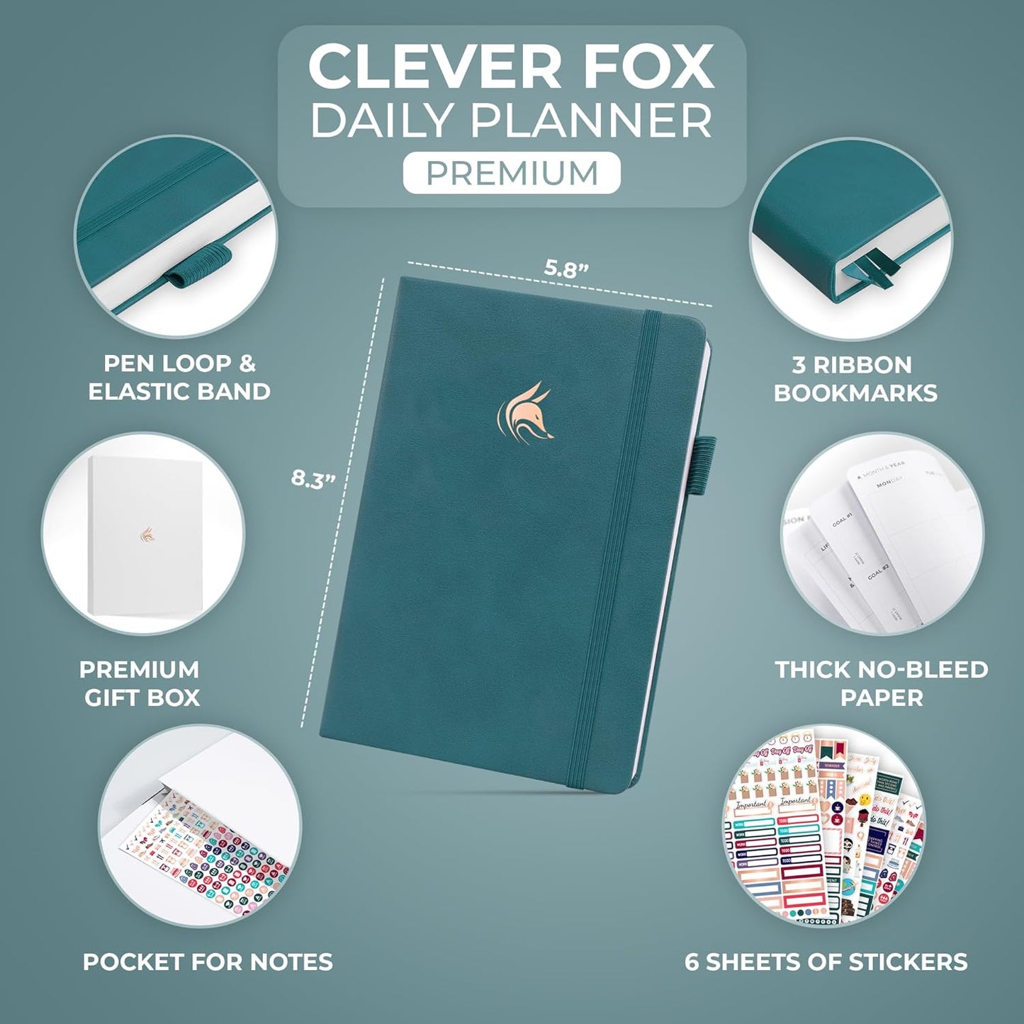 Clever Fox Planner Daily Premium – Undated Daily Planner with Hourly Schedule, Personal Organizer, Productivity Journal, 6 Months (Dark Teal)