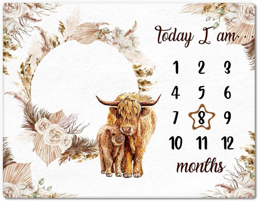Boho Floral Baby Monthly Milestone Blanket Neutral Bohemian Photo Prop Blanket Personalized Highland Cow Baby Present Pampas Grass Ideas for Newborn Nursery Decor (Brown, Highland Cow)