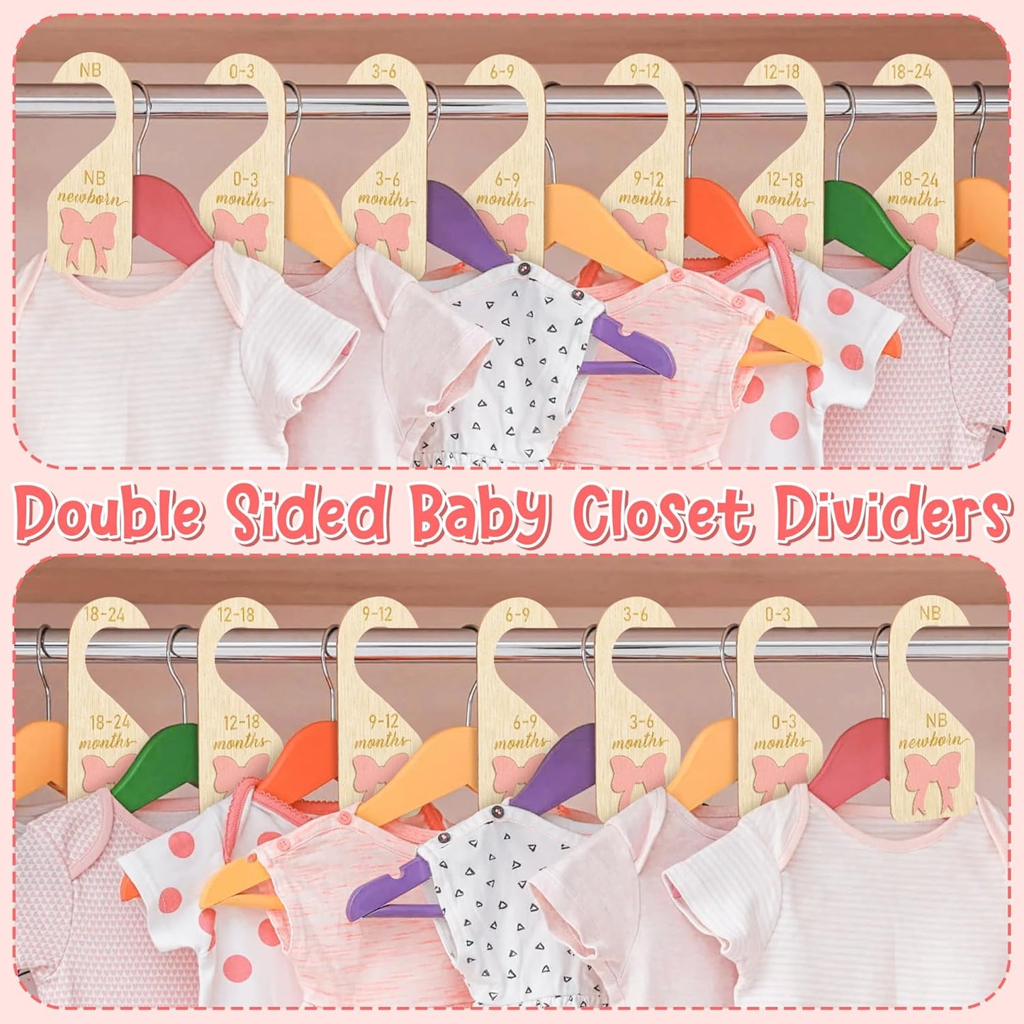 R HORSE Wooden Baby Closet Dividers - 8Pcs 3D Coquette Pink Bow Baby Closet Organizer Double-Sided Newborn Clothes Size Hanger Dividers Nursery Birthday Gift for Boy Girl (0-24 Months)