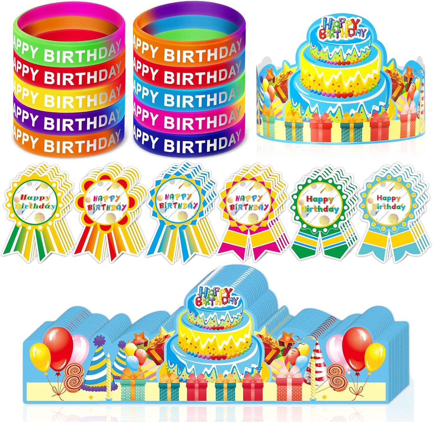 90 Pcs Happy Birthday Kits for Kids Classroom, Include Happy Birthday Crowns, Silicone Stretches, Badge Stickers, Students Kindergarten Birthday Party Hats for School Teacher Classroom Party Supplies