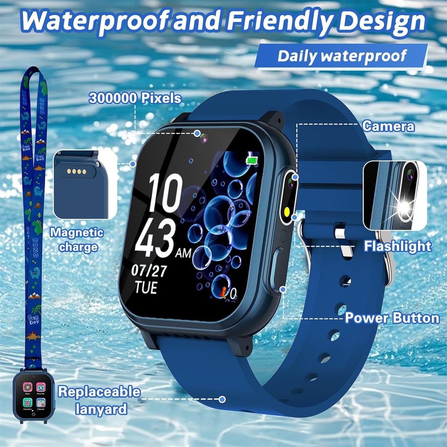 Kids Waterproof Smart Watch with 32 Games Dual Camera Music Player Pedometer Habit Tracking HD Screen Protectors Lanyard Flashlight Storybook, Smart Watch for Kid Birthday Gifts for 5-12 Year Olds Boy