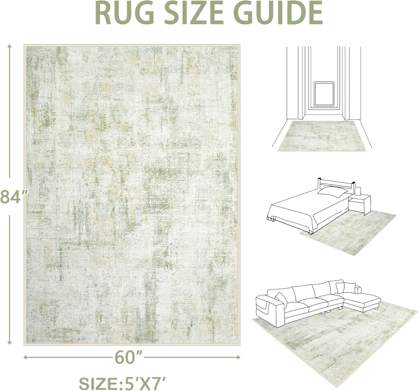 Area Rugs 5x7 Living Room: Washable Rug Modern Abstract Rugs Soft Non Slip Neutral Rug Stain Resistant Indoor Carpet for Bedroom Kitchen Dining Room Nursery Home Office Rugs(Green Brown,5'x7')