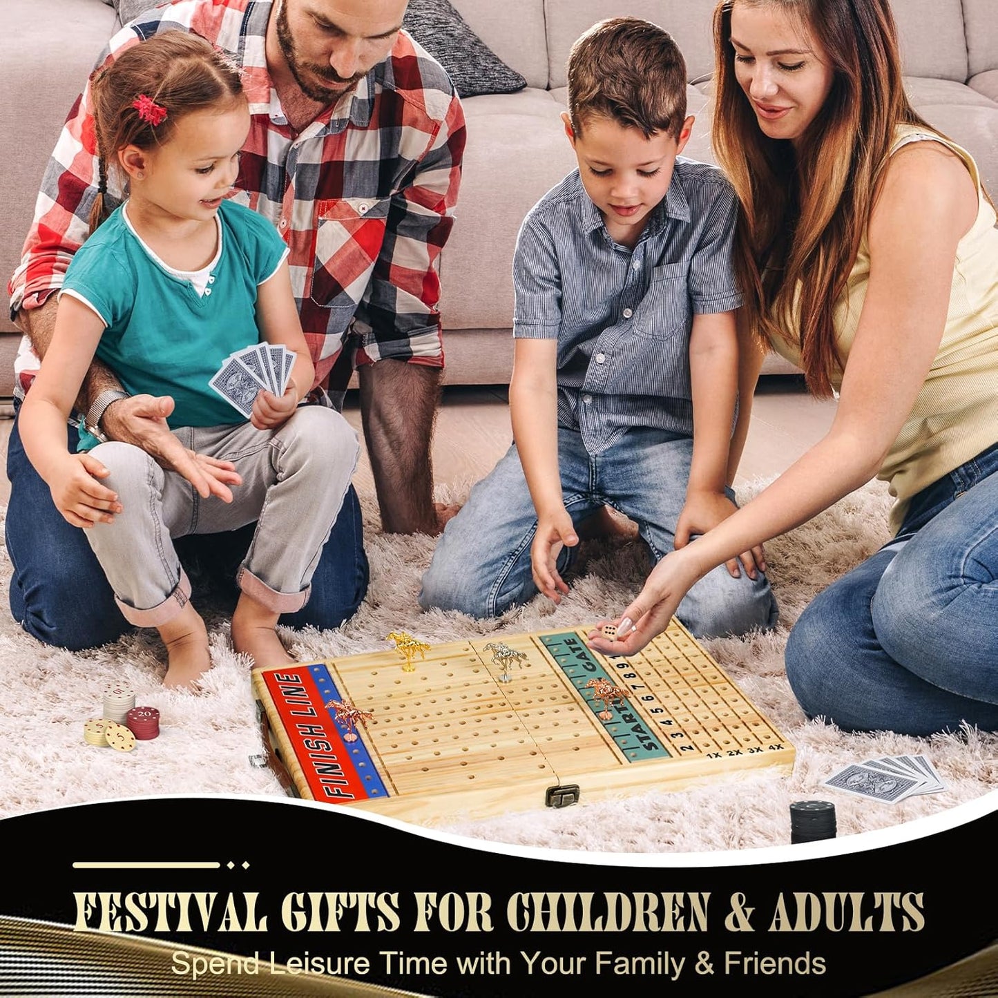 21 Inches Horse Racing Game, Horse Race Board Games with 11 Luxury Metal Horses,Thickened Wood Chessboard,Chips,Cards and Dice,Classic Wooden Table Top Board Games for Adults and Family