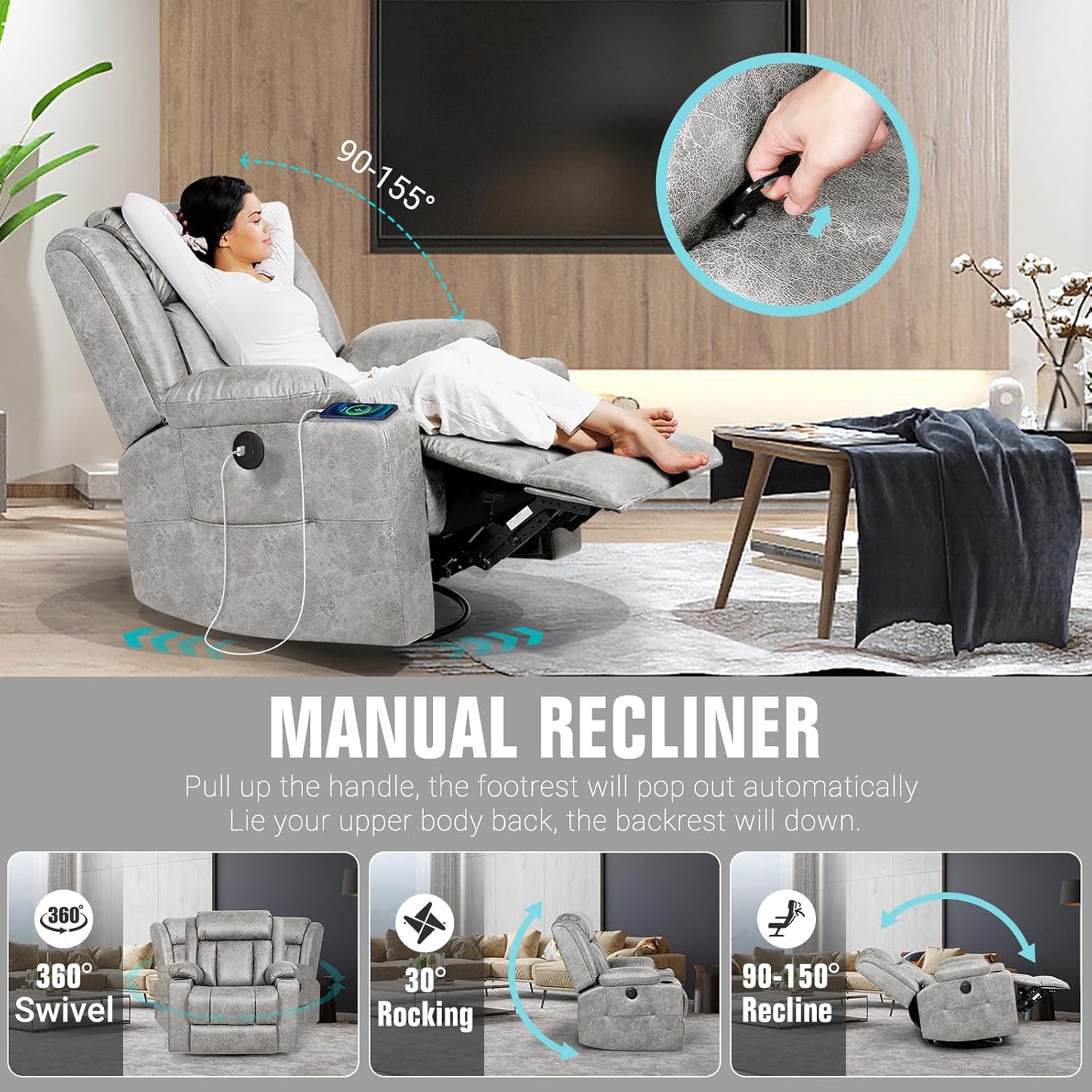 Retro Rocking Recliner Chair, Massage Rocker Recliner Chair with Vibration Massage and Heat, USB and Type-C Ports,360° Swivel Chairs, Living Room, Bedroom, Nursery, RV, Light Grey
