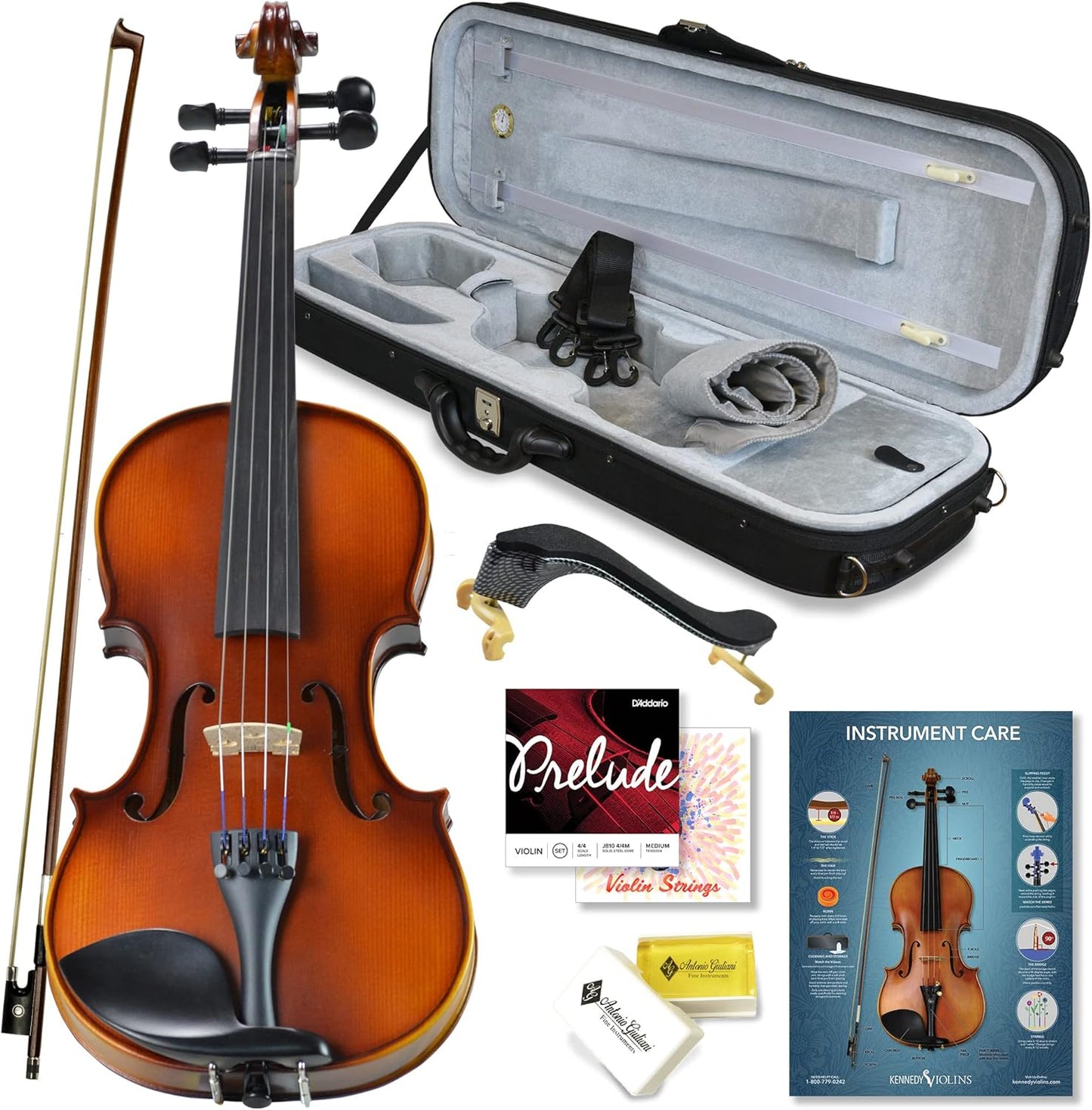 Bunnel Pupil Violin Outfit 3/4 Size Clearance By Kennedy Violins - Carrying Case and Accessories Included - Solid Maple Wood and Ebony Fittings RB300