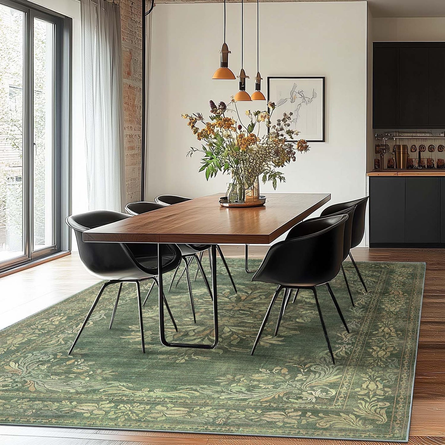 jinchan Floral 6x9 Green Area Rugs for Living Room - Machine Washable Vintage Distressed Design Soft Throw Rug Non-Slip Large Carpet for Bedroom Dining Room Home Office Nursery (6x9ft,Dark Green)