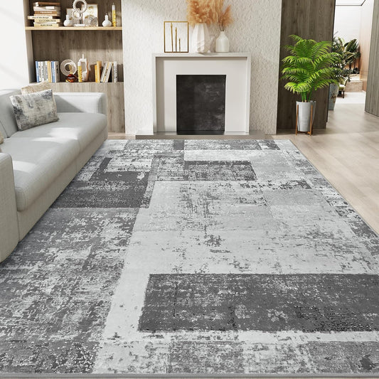 LOCHAS Rug for Living Room, Washable Soft Area Rugs for Bedroom 9x12, Abstract Carpet for Indoor Office Kids Dining Room Nursery Floor, Grey Geometric Vintage Home Decor, Non Slip, Pet Child Friendly