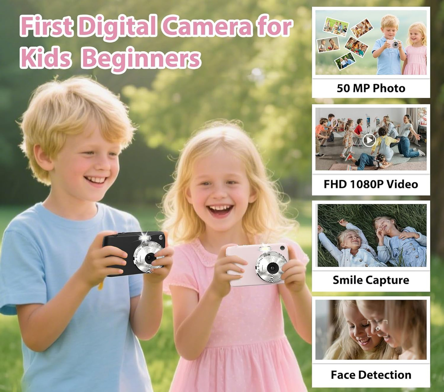 Digital Camera, Kids Cameras for 50MP FHD 1080P, Digital Point and Shoot Camera with 16X Zoom Anti Shake, Compact Small Cameras Gift for Boys Girls Kids, Black