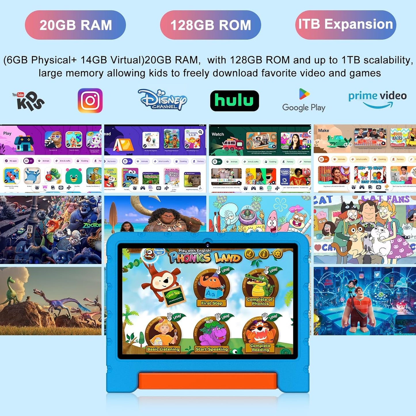 2025 Kids Tablet 10 inch Android 14 Tablets for Kid Octa-Core, 20GB+128GB (TF 1TB), Toddler Tablet with Shockproof Case, 2.4G+5G WiFi 6, Parental Control, Face Unlocked, Split Screen, BT5.0 (Blue)