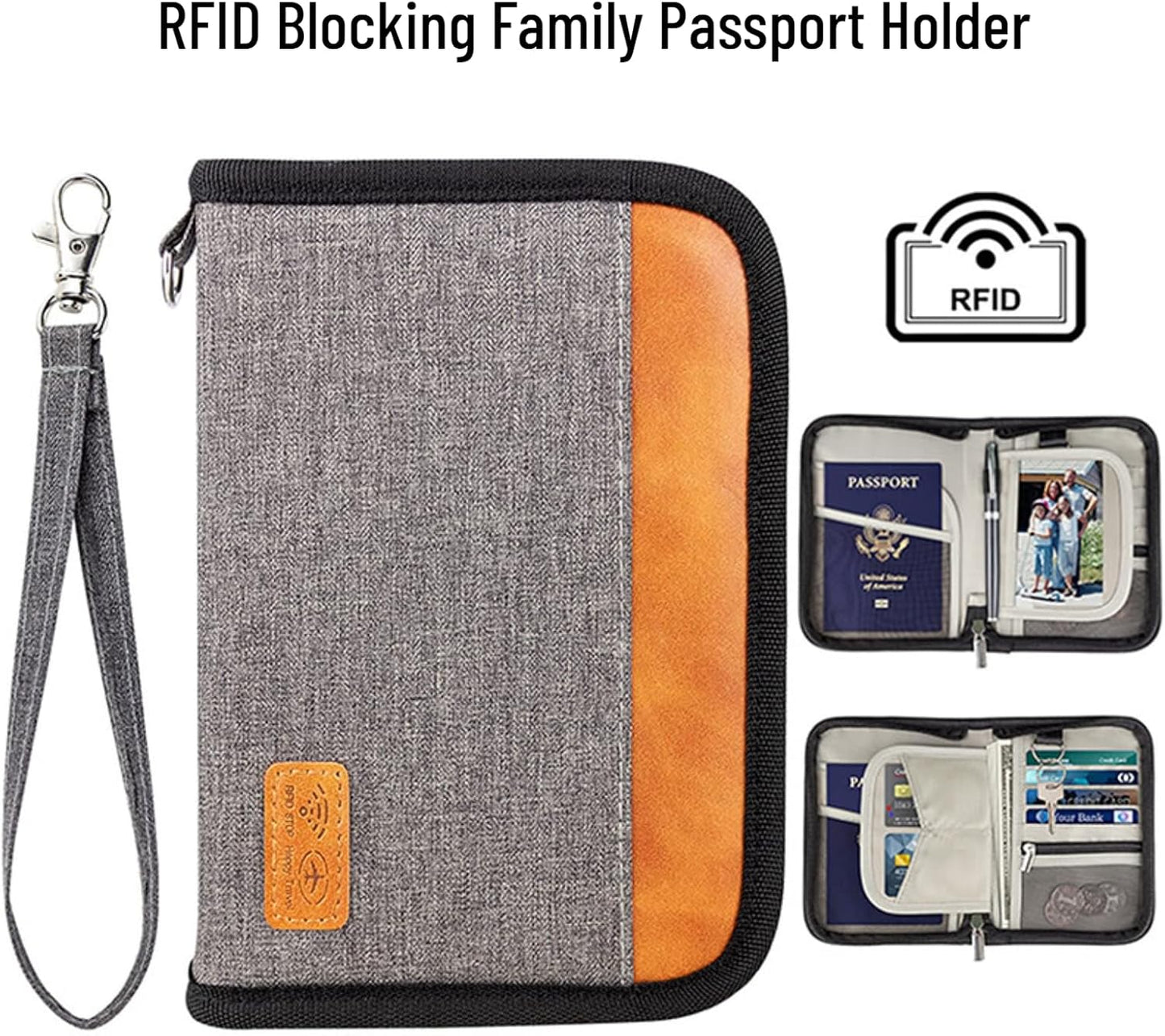 Passport Holder for Famliy Travel Wallet Passport Wallet Document Organizer RFID Blocking with Zipper Clutch Bag Flight Ticket Credit Cards Men Women(Grey)