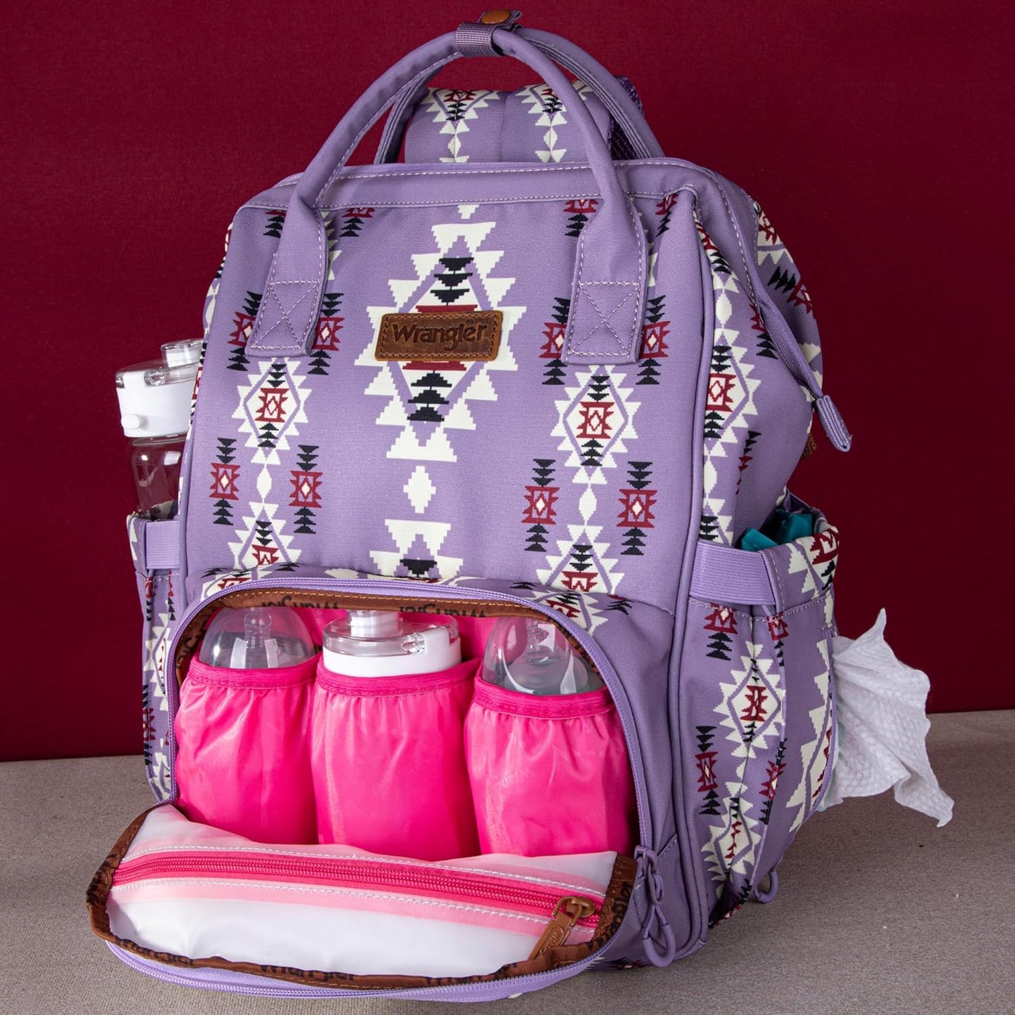 Wrangler Diaper Bag Backpack Aztec Travel Backpack Purses Western Multi-Function Baby Bags for Mom with Waterproof Insulated Pockets