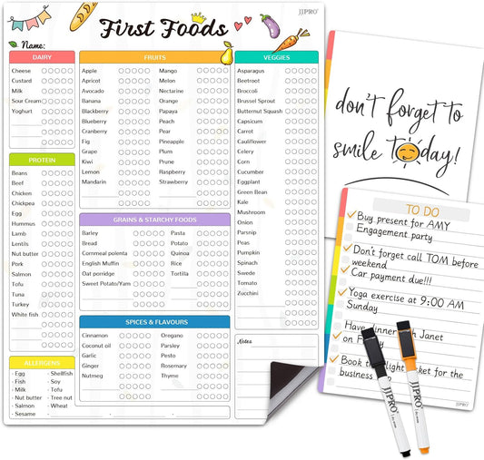 Newborn Baby or Toddler First Foods Tracker Whiteboard-Magnetic Dry Erase Daily Food Log-Reusable Daily Planner Chart to Log Feeding Food/Food Checklist/to-Do List - for New Parents,Nanny, Babysitter