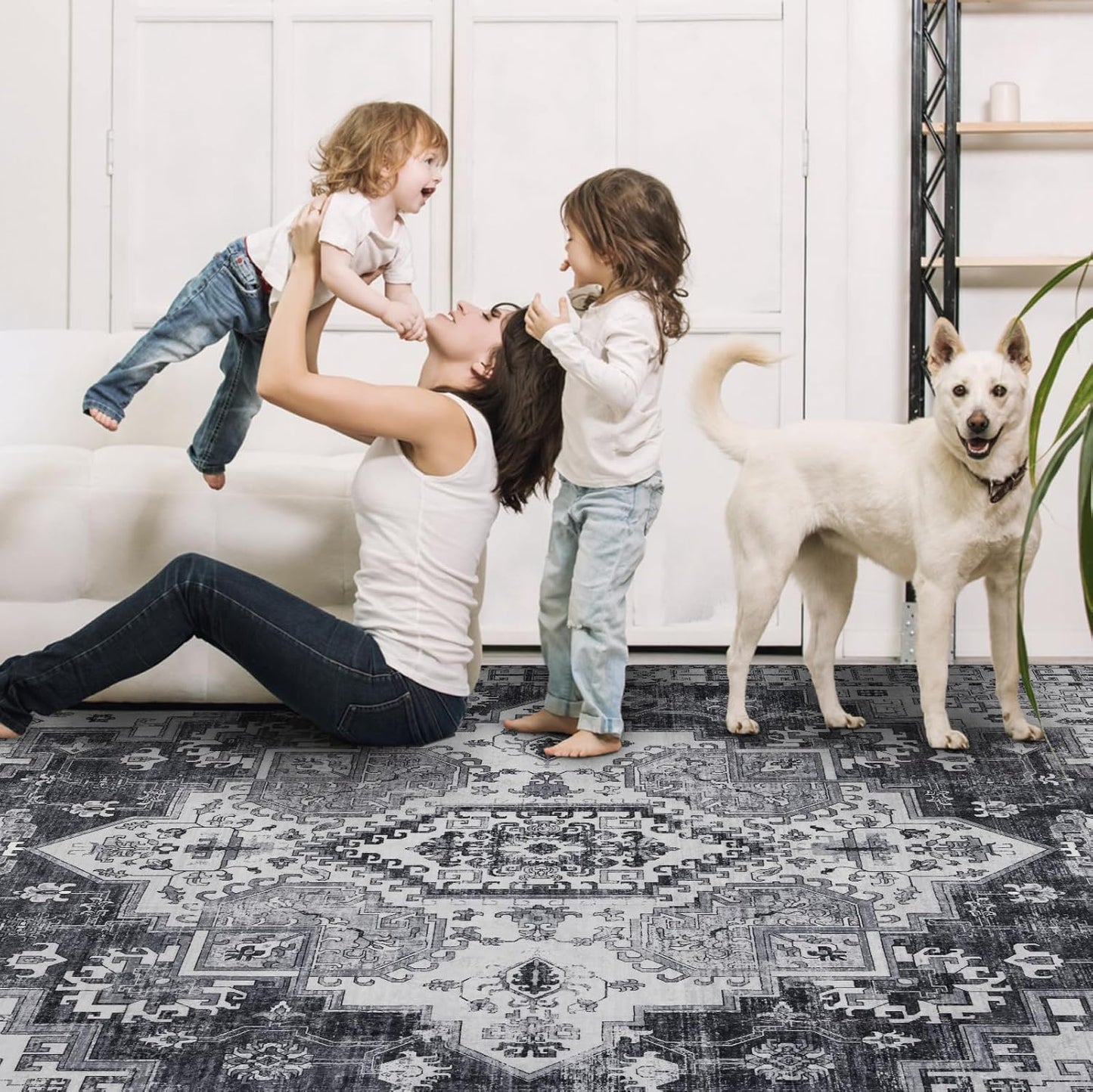 Washable Area Rugs 8x10, Large Rugs for Living Room, Carpet for Bedroom, Soft Faux Wool Retro Dining Room Rug, Non-Slip Backing Resistant Low Pile Vintage Print Rug for Home Office (Medium Gray)