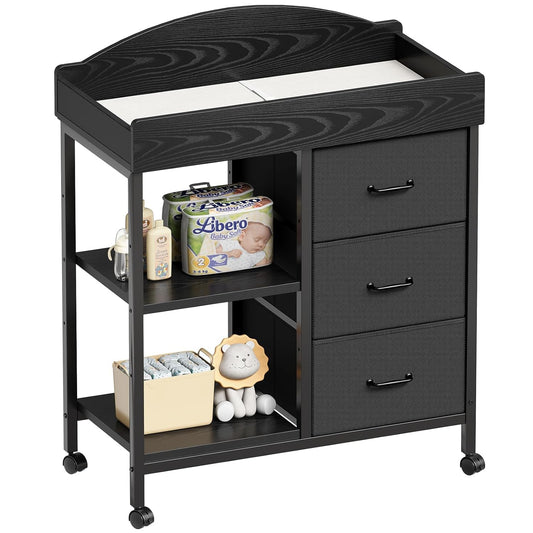 Changing Table Dresser, Baby Dresser with 3 Fabric Drawers and 2 Shelves, Multi-Functional Baby Changing Table with Pad, Classic Nursery Dresser, Diaper Changing Station for Nursery, Black