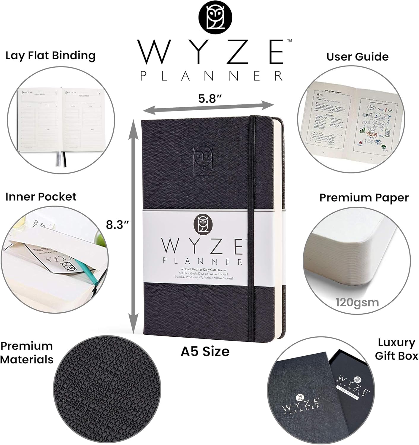 Undated Daily Planner – 6-Month A5 Productivity Organizer with Full Page Per Day, Hourly Schedule, Goal Setting, Habit Tracker, Weekly & Monthly Pages – Hardcover Time Management Notebook (Black)