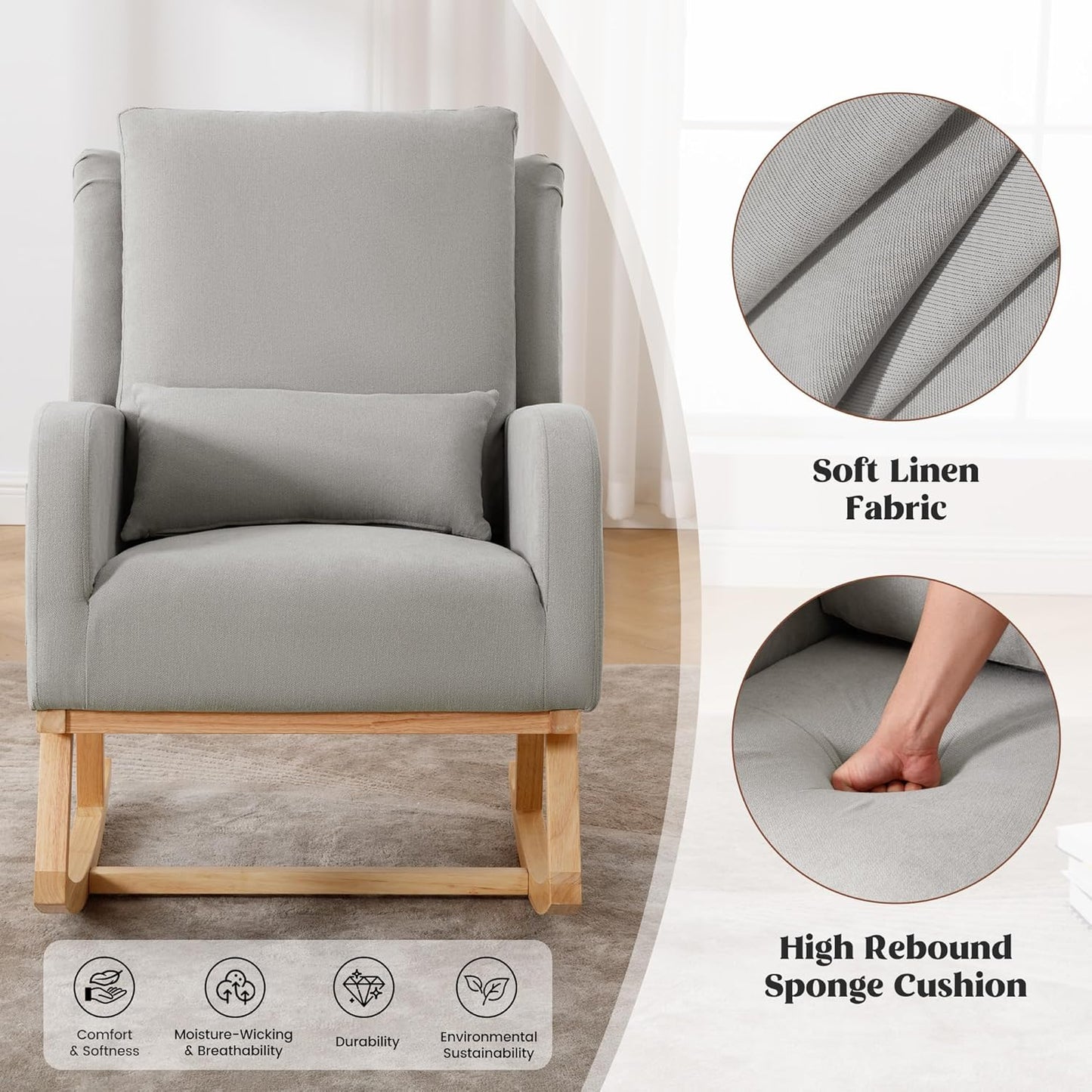 Rocking Chair Nursery, Upholstered Fabric Nursing Rocking Chairs with Lumbar Pillow, Modern Nursery Glider Rocker Morden Accent Rocking Chair for Mom Nursery, Living Room, Bedroom, Grey