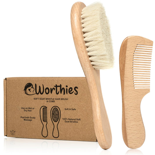 Baby Hair Brush & Comb Set, Wood Hair Brush with Soft Goat Bristles and Comb, Newborn Infant & Toddler for Cradle Cap
