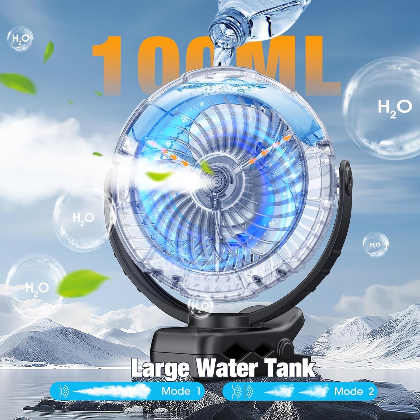 Ausic Portable Misting Clip on Fan, 100ml Camping Stroller Fan with LED, Max 45H Runtime Golf Cart Fans, 360° Rotate Cooling Spray, Outdoor Rechargeable Battery Fans for Travel/Home/Beach