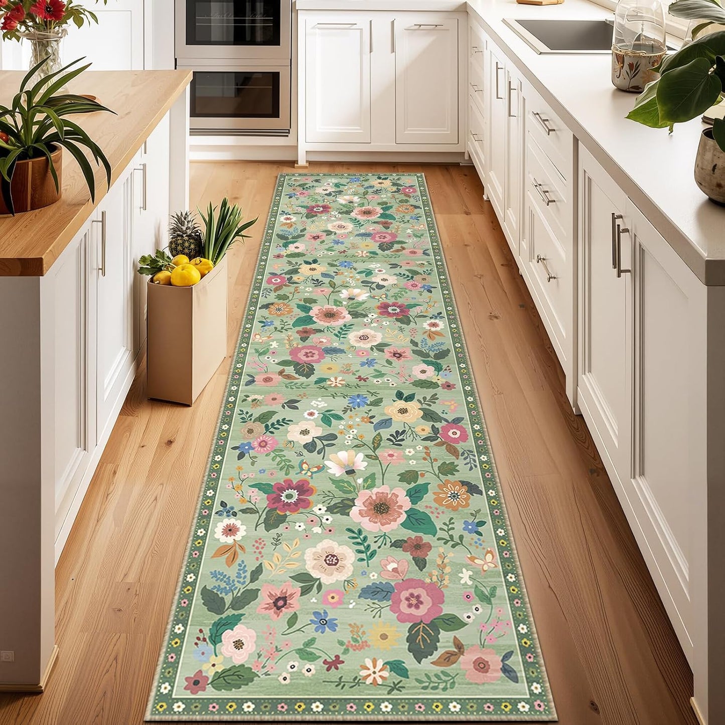 Floral 2x10 Area Rug Machine Washable Soft Print Boho Carpet Non Slip Doormat Low Pile Flower Area Rugs for Living Room Bedroom Nursery Kitchen Dining Room Indoor-Light Green