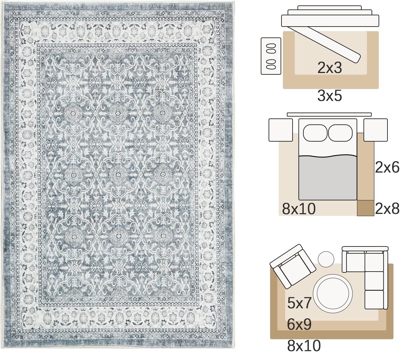 jinchan Floral 9x12 Area Rugs for Living Room - Machine Washable Vintage Distressed Boho Design Soft Throw Rug Large Carpet Low-Pile Thin Non-Slip for Bedroom Dining Room Nursery (9‘x12',Grey)