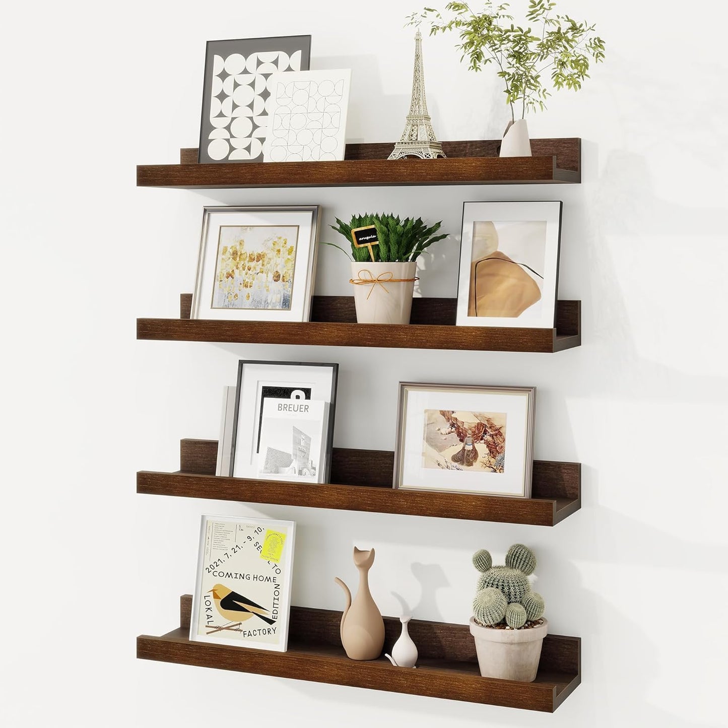Picture Ledge Shelf, Solid Pine Wood Floating Shelves Set of 4, 16 Inches Nursery Book Shelves for Toys Storage, Kids Bookshelf Wall Mounted for Living Room Decor Photo Frames, Walnut