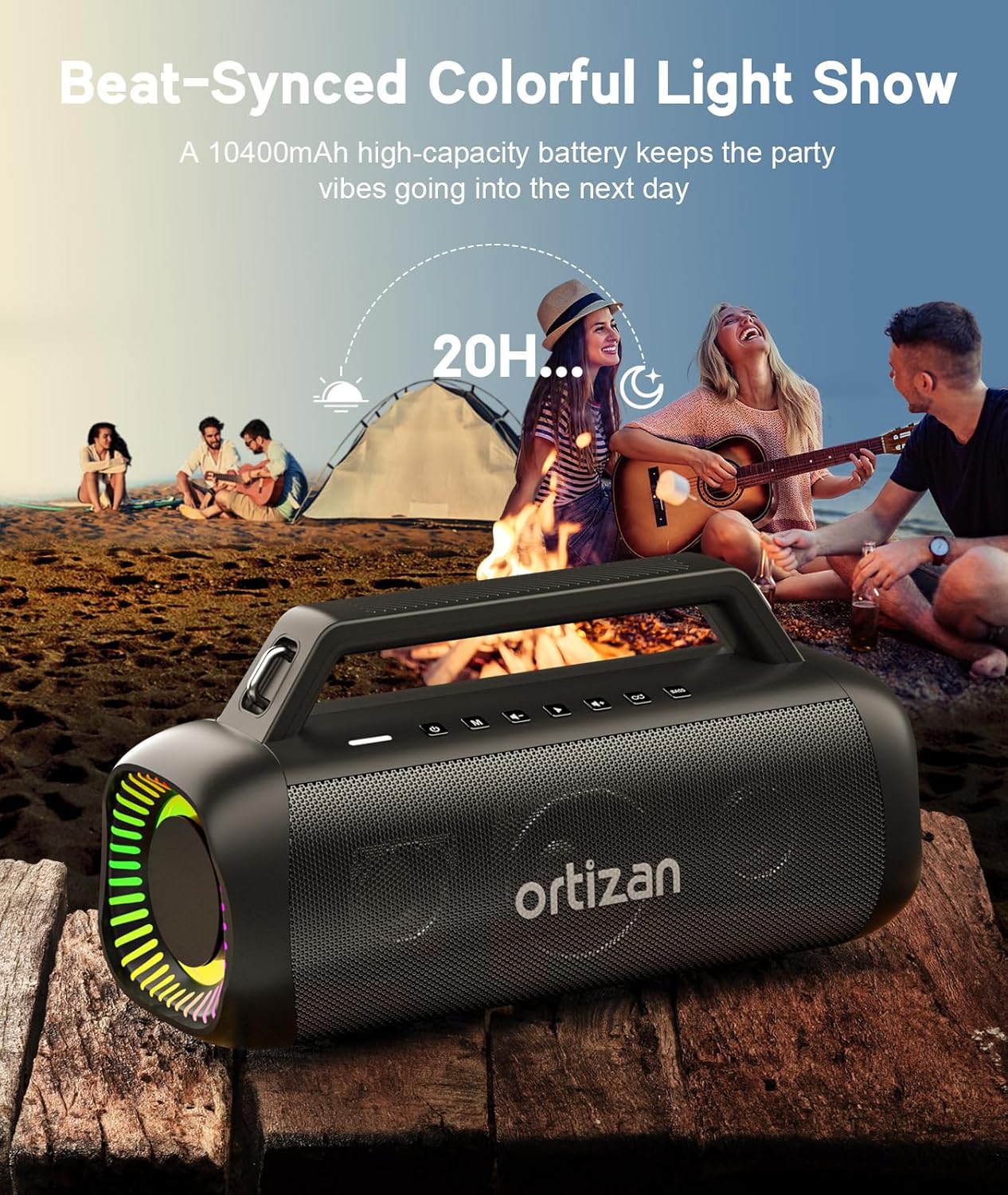 Ortizan Portable Bluetooth Speaker Loud, 80W Peak, Bass Up, 20H Playtime, IPX7 Waterproof, RGB Lights, Wireless Stereo Pairing, BT5.3, USB-C, Subwoofer Outdoor Speaker for Camping, Beach, Backyard