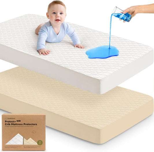 Waterproof Crib Mattress Protector Cover Fitted - 2-Pack Quiet Baby Crib Mattress Pad Sheets, 52" x 28" Soft Quilted Cotton Baby Sheet, Machine Washable, Easy Fit, Durable (Khaki/Mavy)