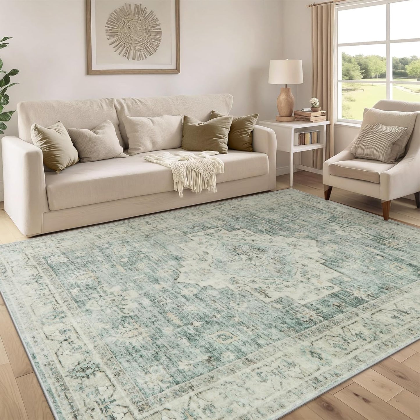 LIVEBOX Washable Area Rug 5x7 Rugs for Living Room Bedroom, Non-Slip Boho Indoor Carpet for Dining Room Office, Low-Pile Farmhouse Soft Carpets for Kids Nursery Playroom, Sage Green