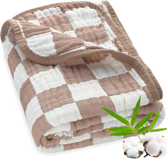 Ultra Soft Muslin Baby Blanket Neutral Versatile 6 Layers Swaddle and Bed Blanket for Babies, Toddlers, Boys or Girls Coffee Checkered 43 x 43 Inches