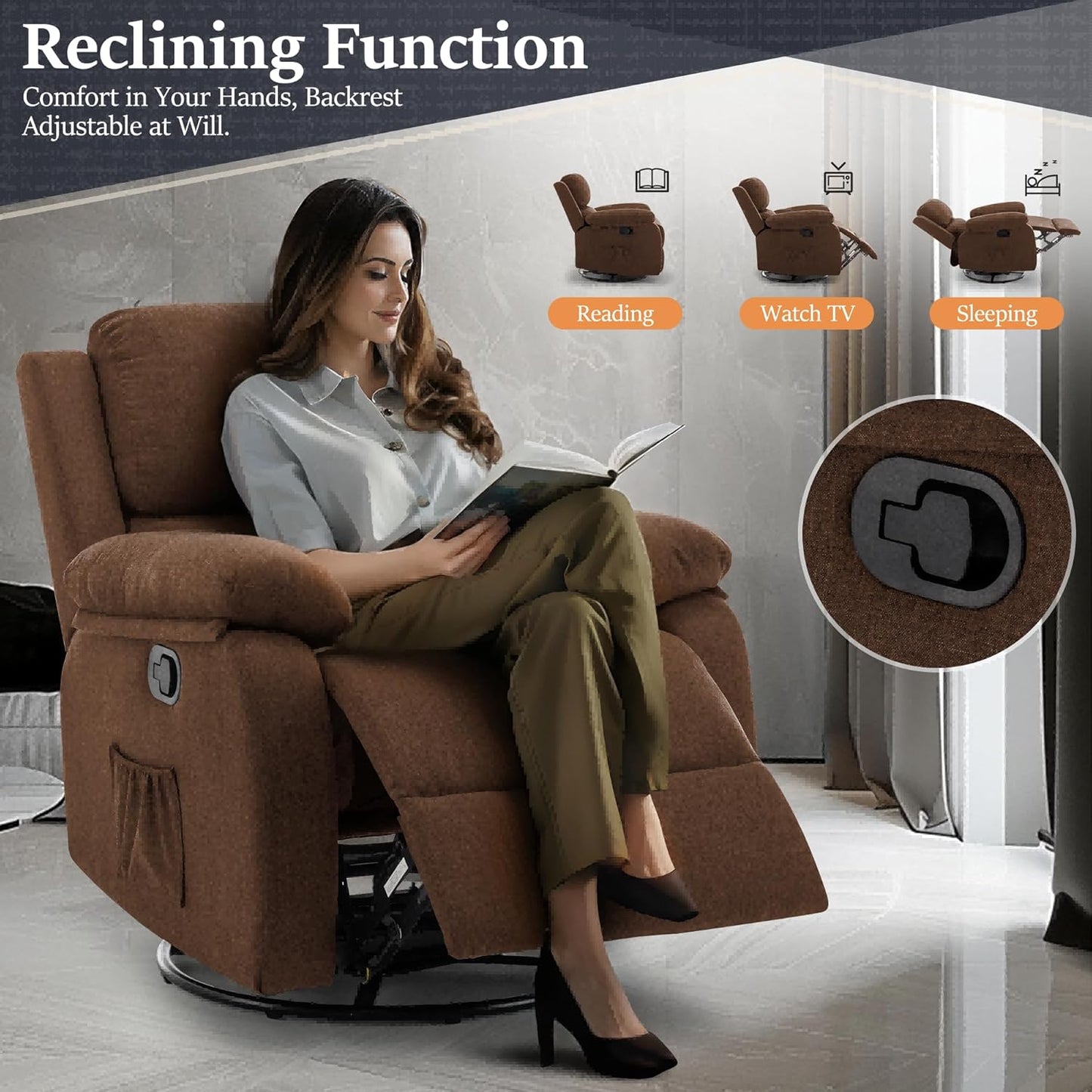 Recliner Chair, 360 Swivel Rocker Chair for Adults, Small Rocking Recliner Chair for Small Spaces, Upholstered Fabric Glider Recliner Nursery Chair with Side Pockets for Nursery, Living Room