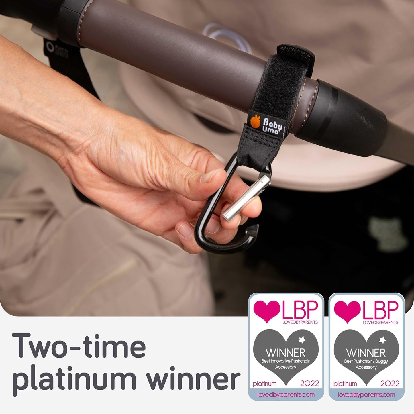 Baby Uma Stroller Caddy & Stroller Hooks - Universal Organizer Bag with XL Insulated Cup Holder, Phone Pocket, Wipes Dispenser, Wrist Bag & Mesh Pocket + 2 Carabiner Clips, Baby Travel Essential Kit