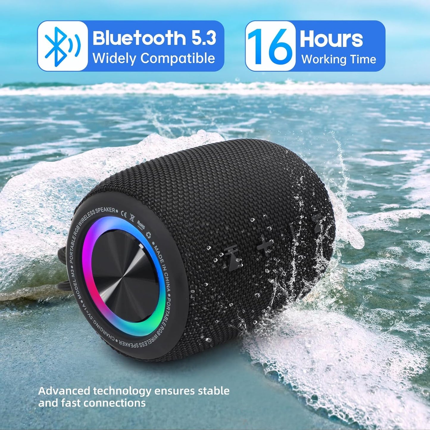 Portable Bluetooth Speaker, BT5.3 Wireless Speaker 20W Bass Diaphragms with Multi LED Light Dynamic Modes, IPX6 Waterproof 16H Playtime supports FM Mode, TF, USB for Home, Cycling, Outdoor, Beach