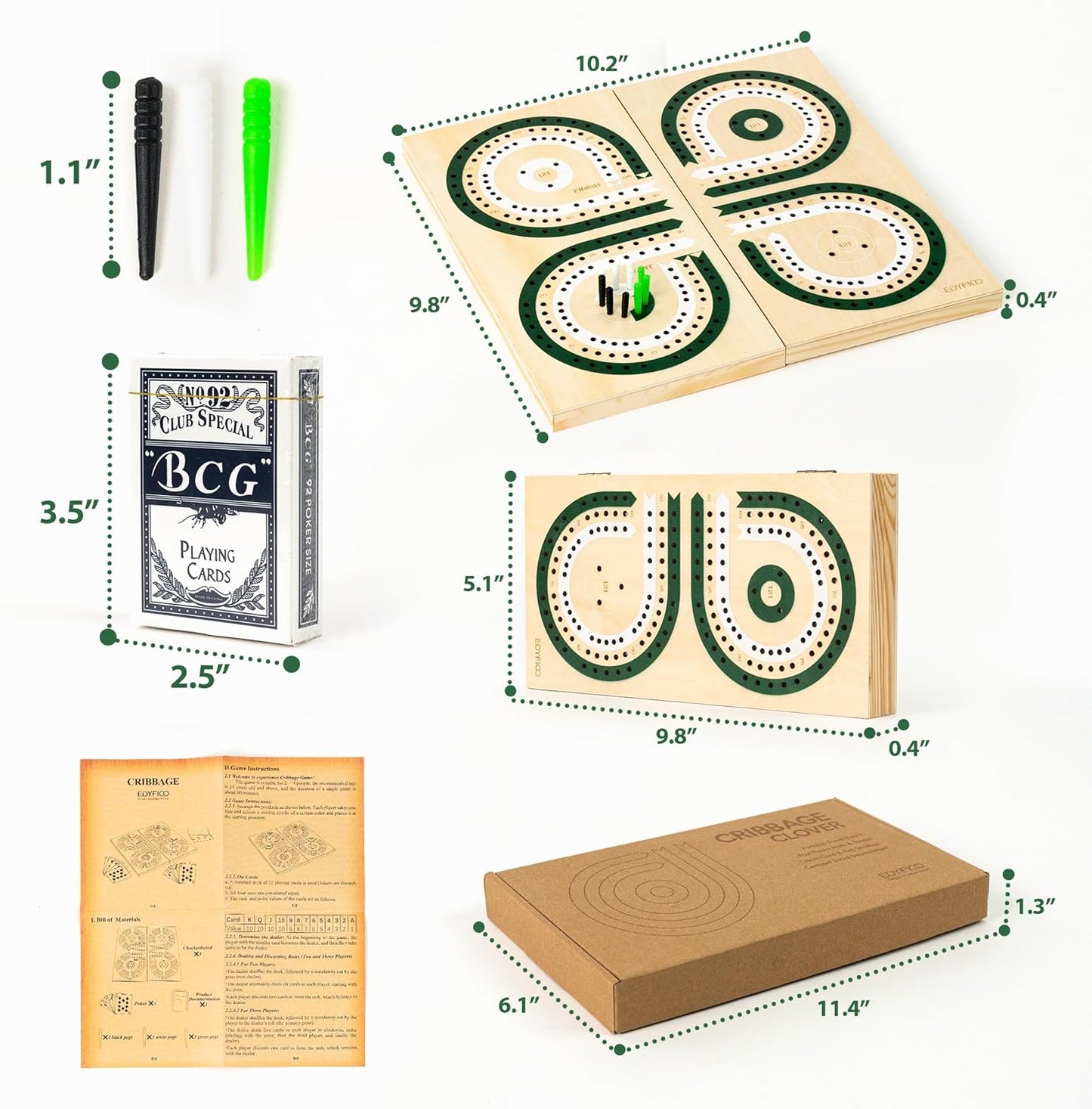 Foldable Wooden Cribbage Board Set, Unique 3-Track Travel Board with Storage & Magnetic Closure, 9 Multi-Colored Pegs, Full Playing Card Deck, Portable Family Game for Adults, Kids, Gatherings & Gifts