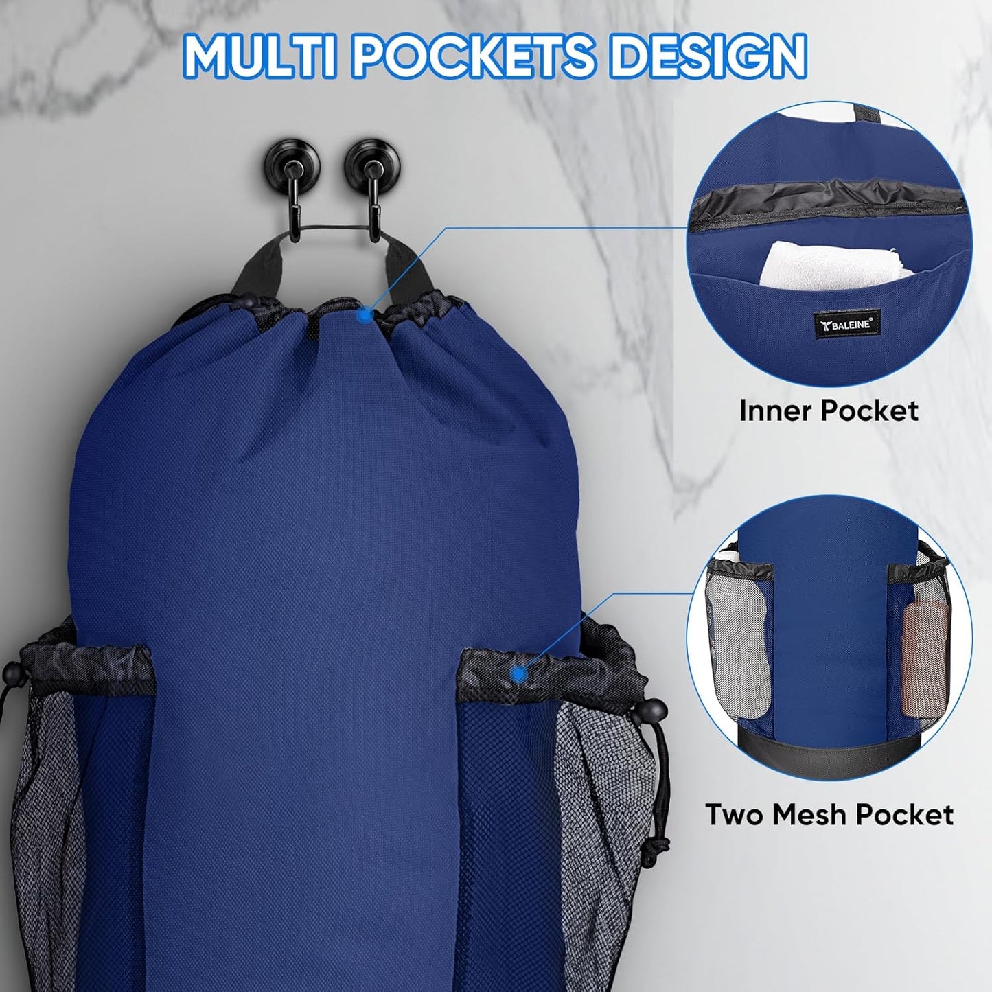 BALEINE 150L Laundry Bag Backpack, 900D Oxford Fabric Large Travel Laundry Bags with Shoulder Straps and 2 Mesh Pockets for College Dorm, Apartment, Laundromat (Navy, 150L)