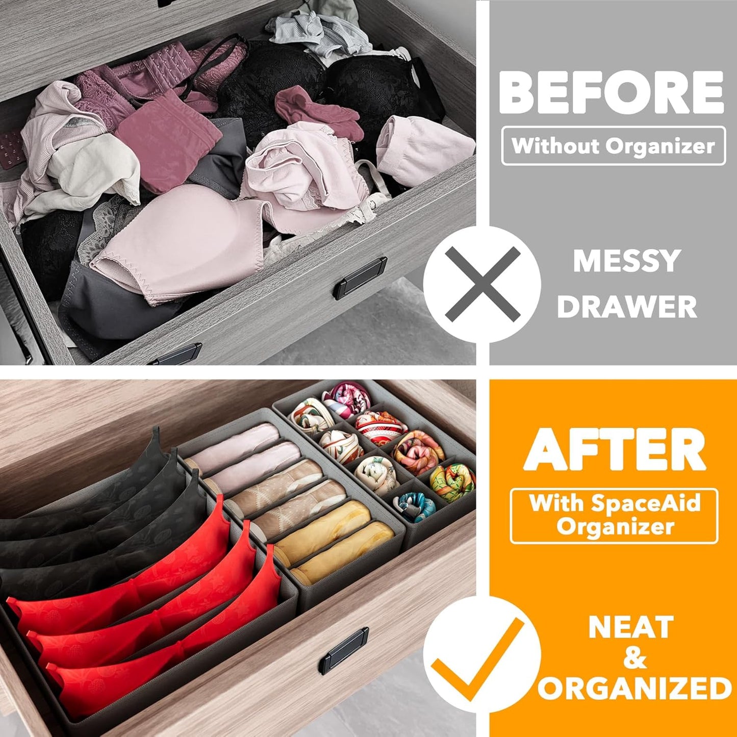 SpaceAid Underwear Drawer Organizer, 4 Pack Dresser Organizer Bins for Nursery, Closet Organization and Storage with Dividers for Baby Clothes Socks Bra Ties Scarf (Grey)