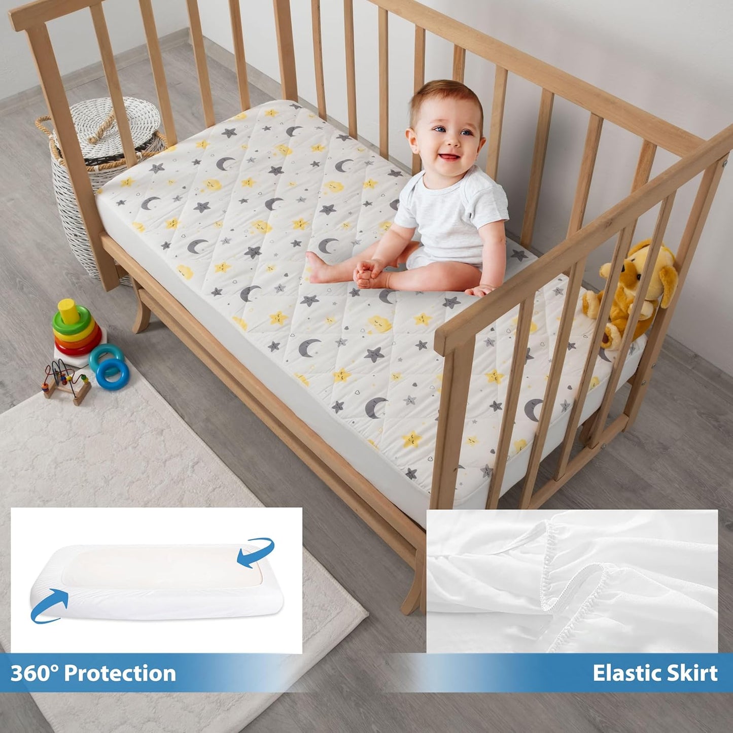 Waterproof Crib Mattress Protector Sheets,%100 Cotton Fabric, Absorbent Crib/Toddler Mattress Protector, Quilted, Certified, Noiseless Machine Wash, Moon&Star Pattern 52"x28" (Small Single, 2, Pack)