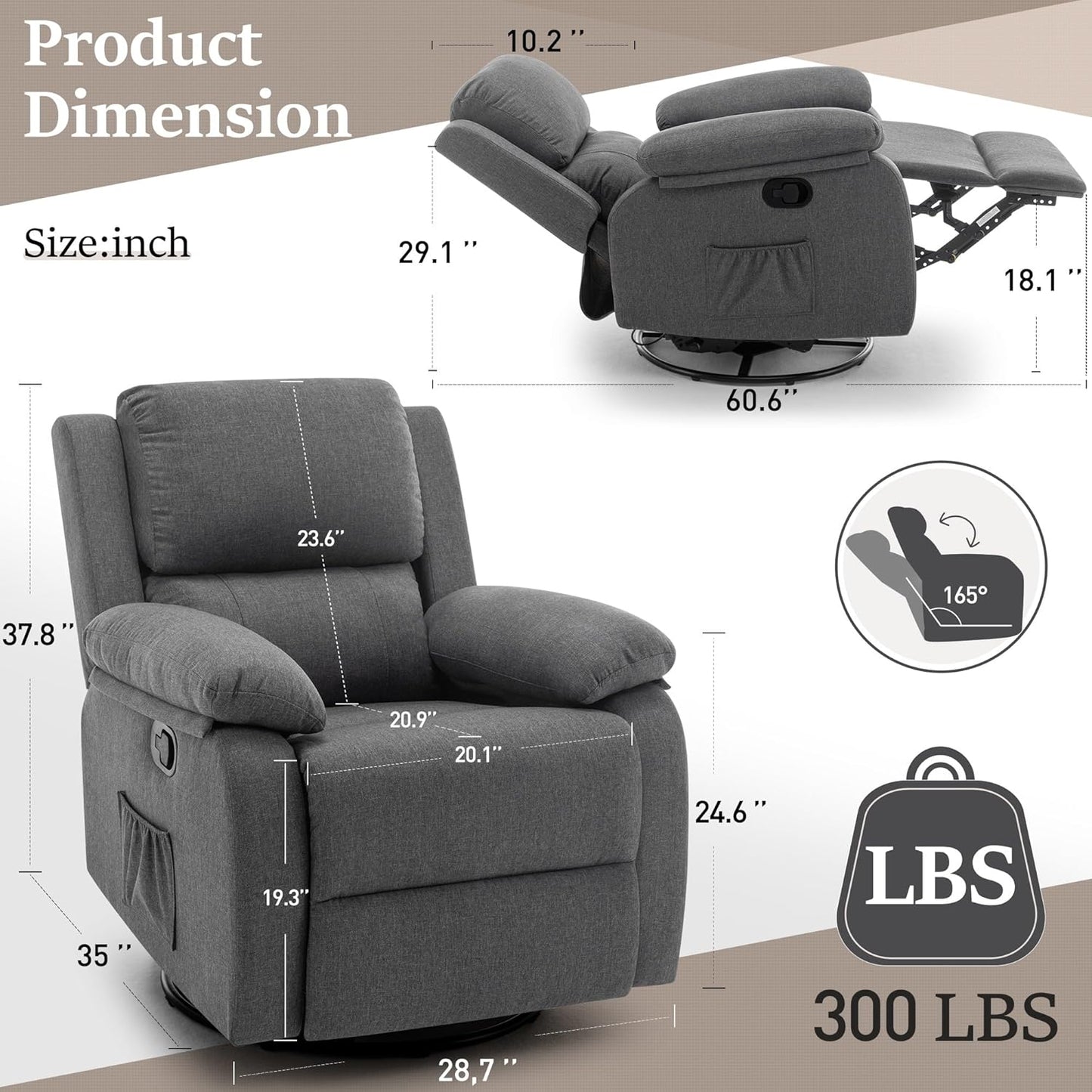 Recliner Chair, 360 Swivel Rocker Chair for Adults, Small Rocking Recliner for Small Spaces, Upholstered Fabric Glider Recliner Nursery Chair with Side Pockets for Living Room, Nursery