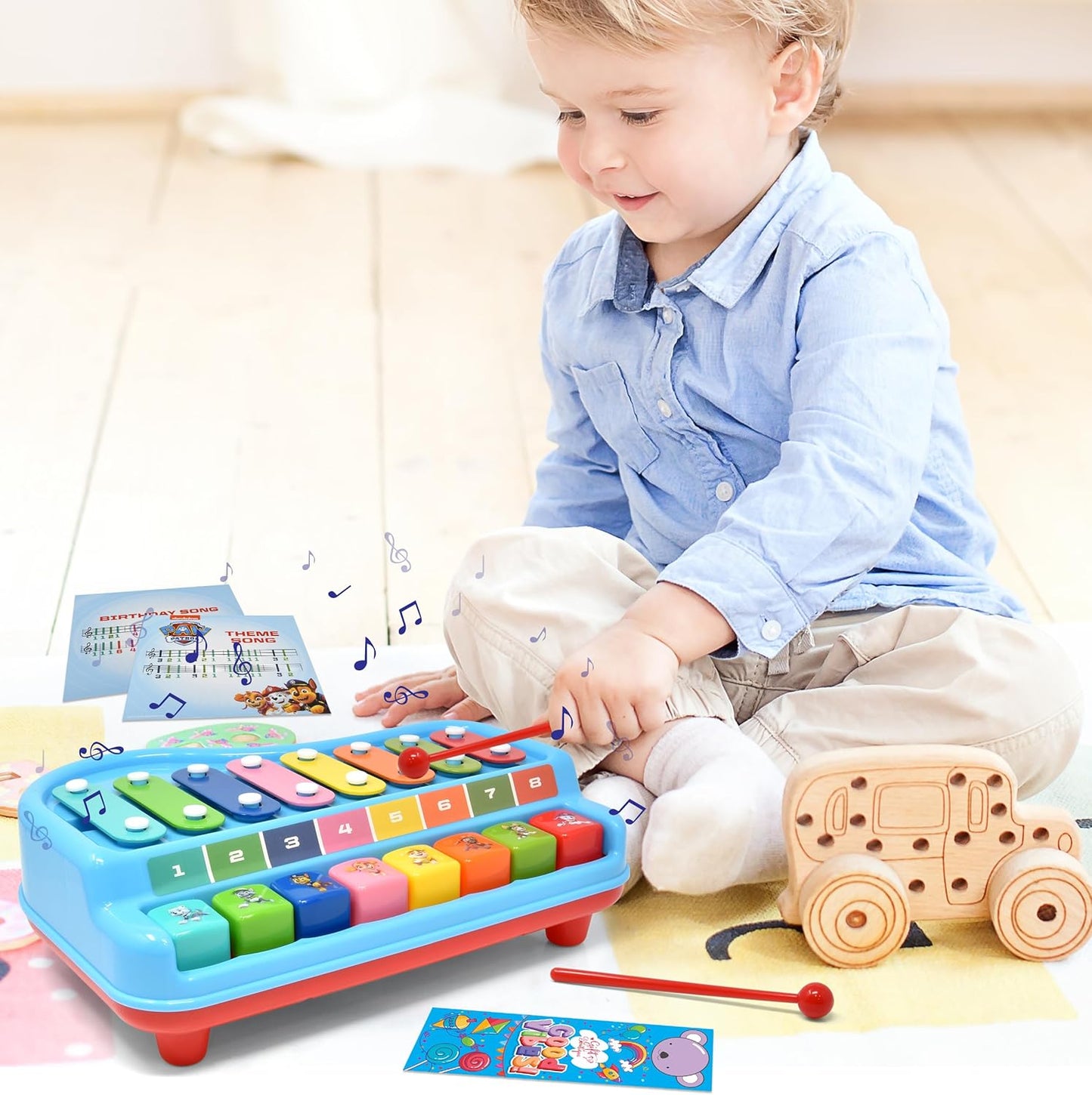 Paw Patrol 2 in 1 Baby Piano Xylophone Toy for Kids Toddlers Girls Boys Musical Instrument with Multicolored Keys Keyboard Sheet Music Two Mallets
