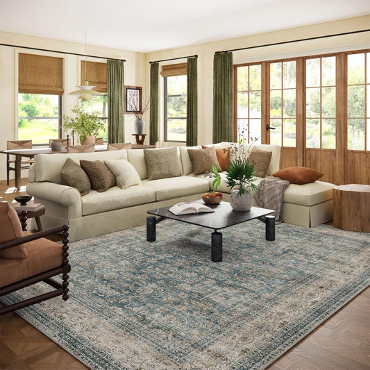 Area Rugs 10x14 Living Room: Washable Rugs for Bedroom Vintage Stain Resistant Non Slip Low Pile Large Boho Carpet for Kitchen Dining Room Farmhouse Kids Room Nursery