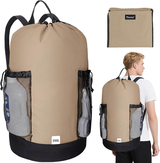 BALEINE 150L Laundry Bag Backpack, 900D Oxford Fabric Large Travel Laundry Bags with Shoulder Straps and 2 Mesh Pockets for College Dorm, Apartment, Laundromat (Khaki, 150L)