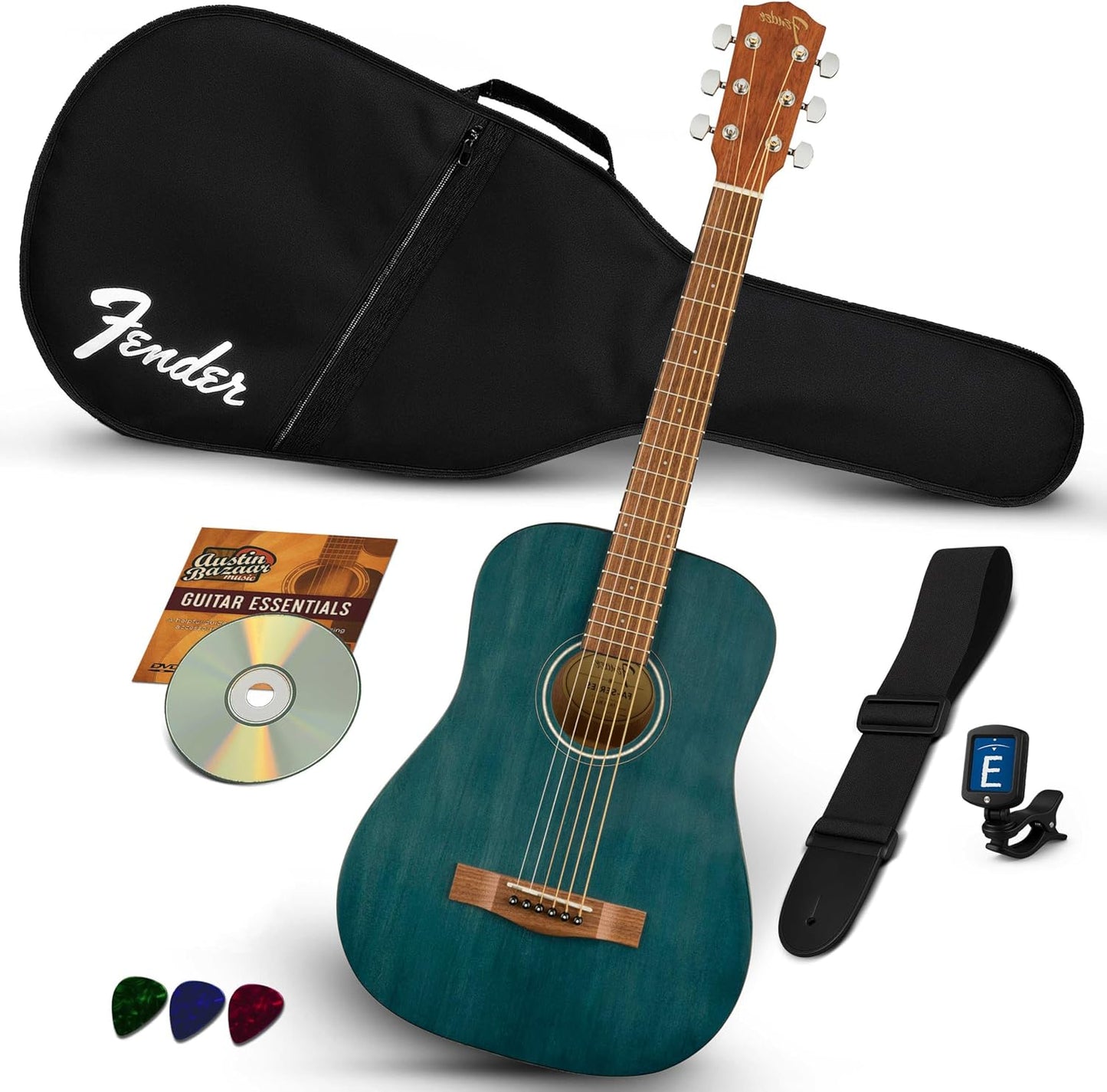 Fender FA-15 3/4-Scale Kids Steel String Acoustic Guitar - Blue Learn-to-Play Bundle with Gig Bag, Strap, Picks, Fender Play Online Lessons, and Austin Bazaar Instructional DVD