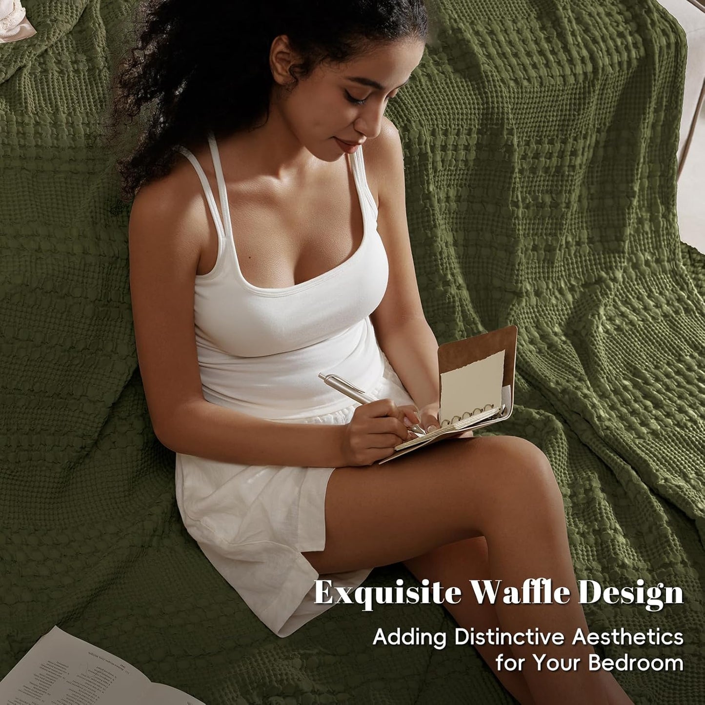 PHF 100% Cotton Waffle Weave Blanket King Size, Soft Lightweight Breathable Cozy Summer Blankets for Bed, Luxury Aesthetic Woven Bedding for Home Decor, 108"x90", Capulet Olive