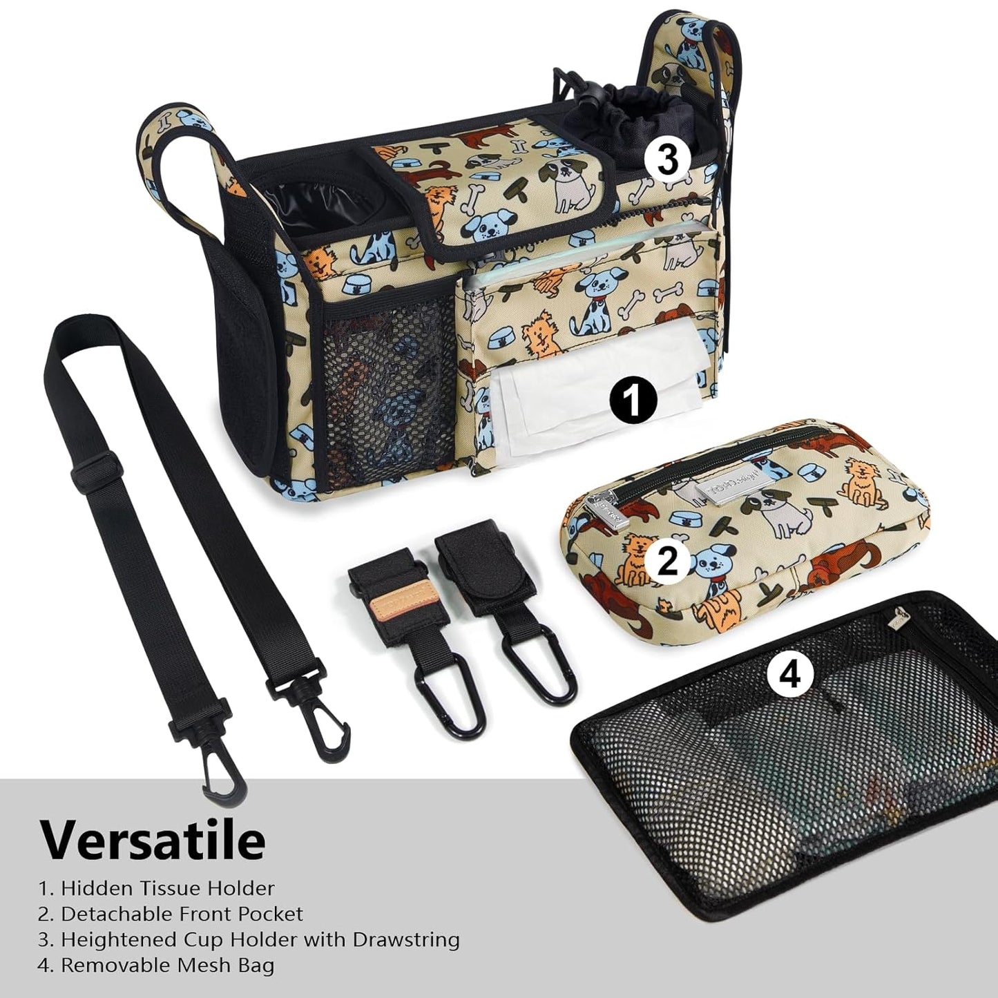 TOPDesign Universal Baby Stroller Organizer, Stroller Caddy with Detachable Mesh Bag & Heightened Insulated Cup Holders & Non-Slip Secure Hooks Accessories, Fits Most Strollers (Dogs)