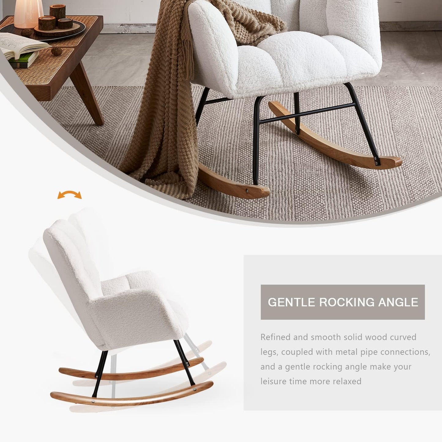 Nursery Rocking Chair, Teddy Upholstered Glider Rocker with High Backrest Armchair, Modern Rocking Accent Chairs for Nursery, Living Room, Bedroom, Offices (Ivory)