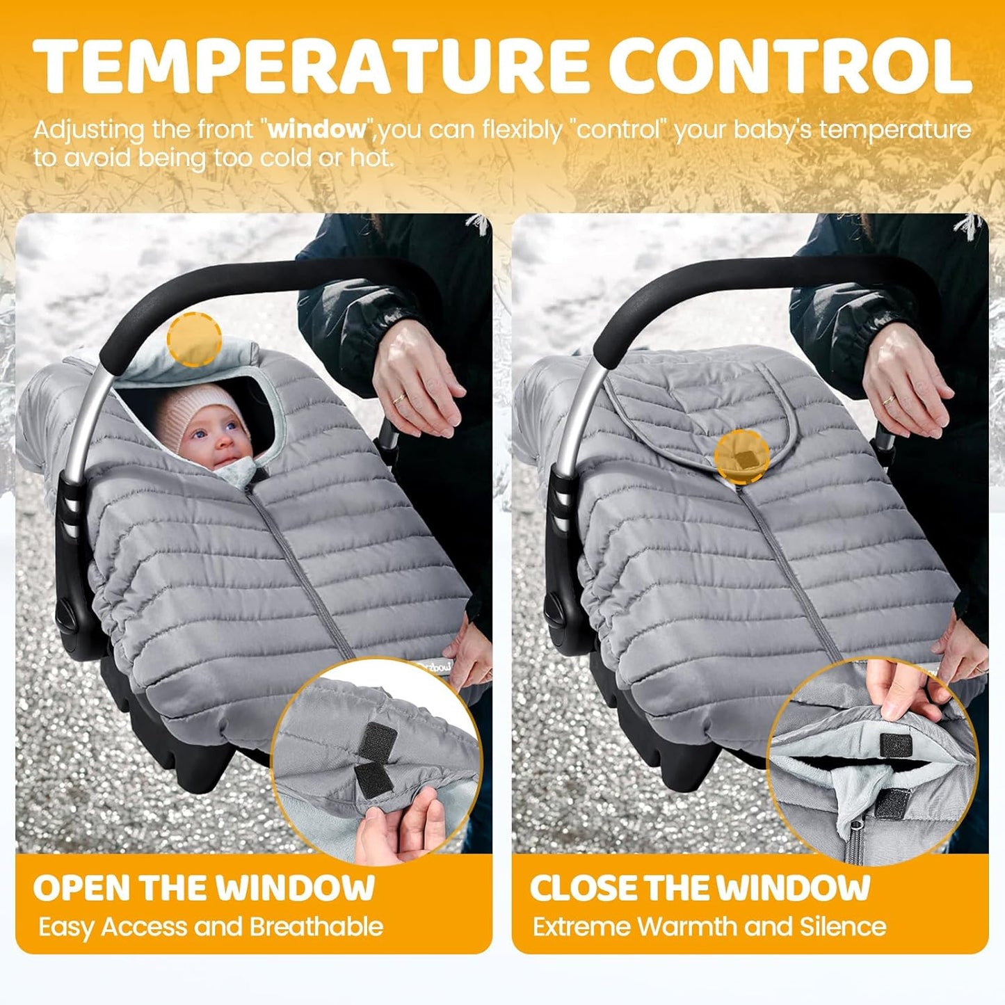 Orzbow Winter Car Seat Cover - Baby Car Seat Cocoon Cover for Boys & Girls, Warm Carseat Canopy Cover to Protect Baby from Wind, Rain & Snow, Waterproof, Universal Fit for Infant Car Seat, Light Grey