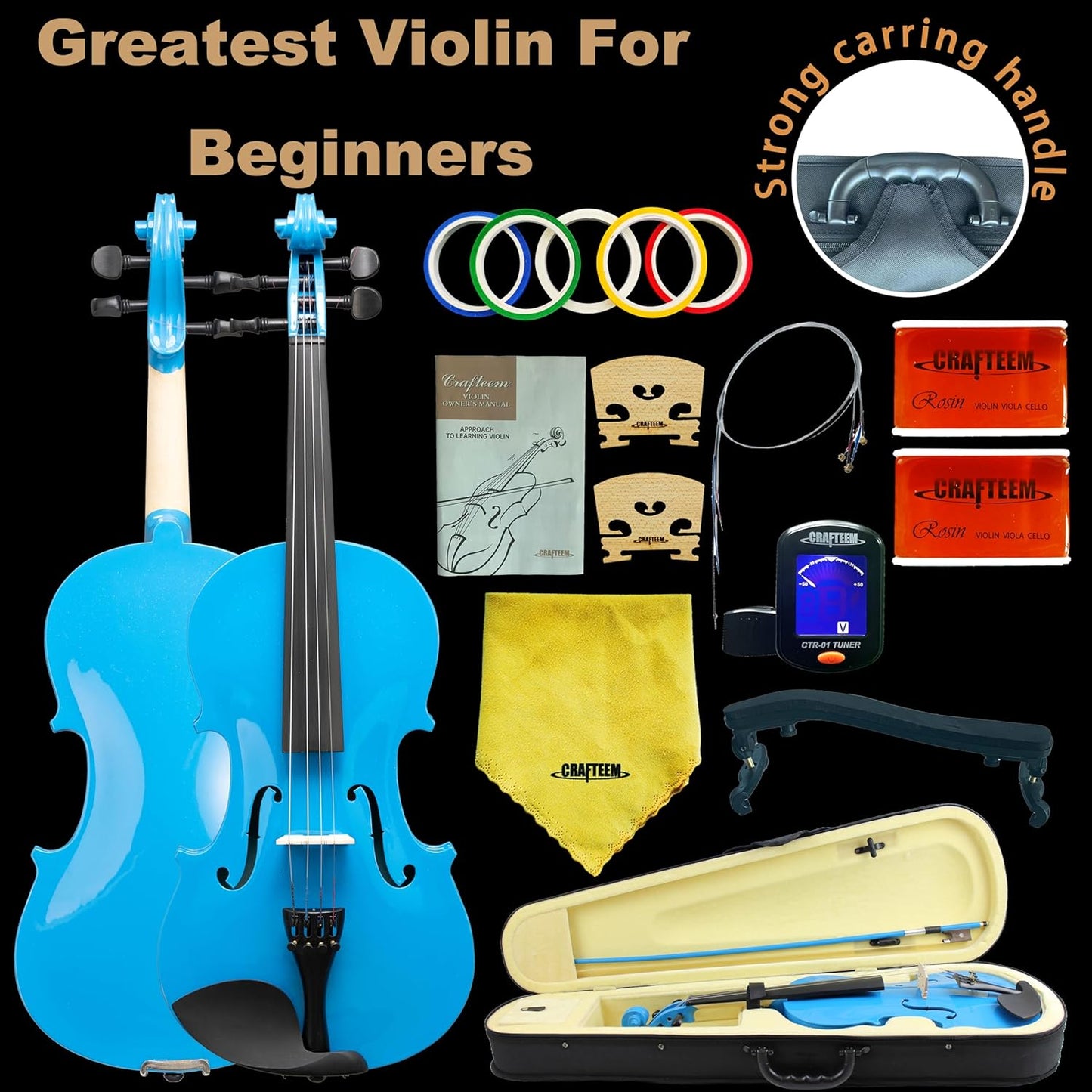 1/4 Fiddle Blue Colored Premium Violin Outfit for Beginners Adults Kids With 5 Color Fingering Tape- Handcrafted Student Beginner Violin.(Blue, 1/4)
