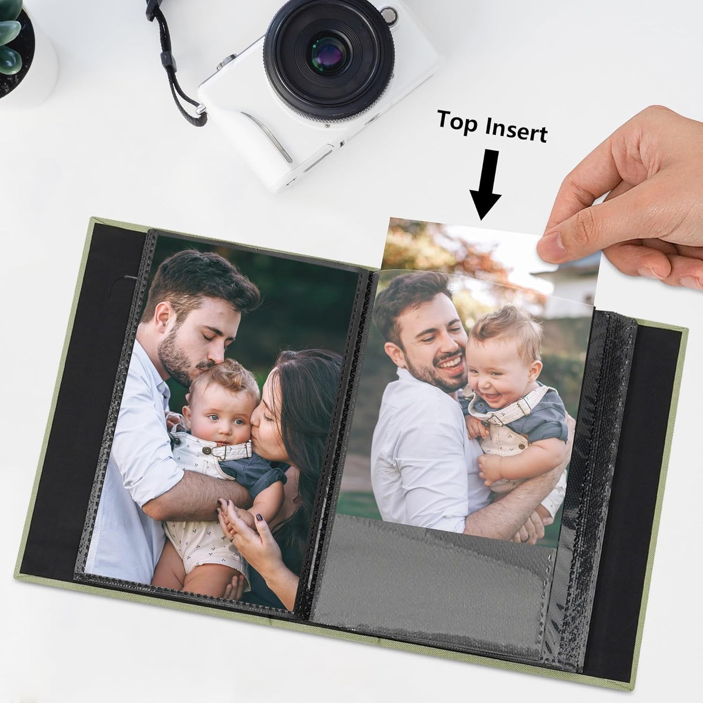 Small 4x6 Photo Album 24 Pockets Linen Cover with Front Window Portable Mini Picture Book for Travel Wedding Memories Organizer Gray Green