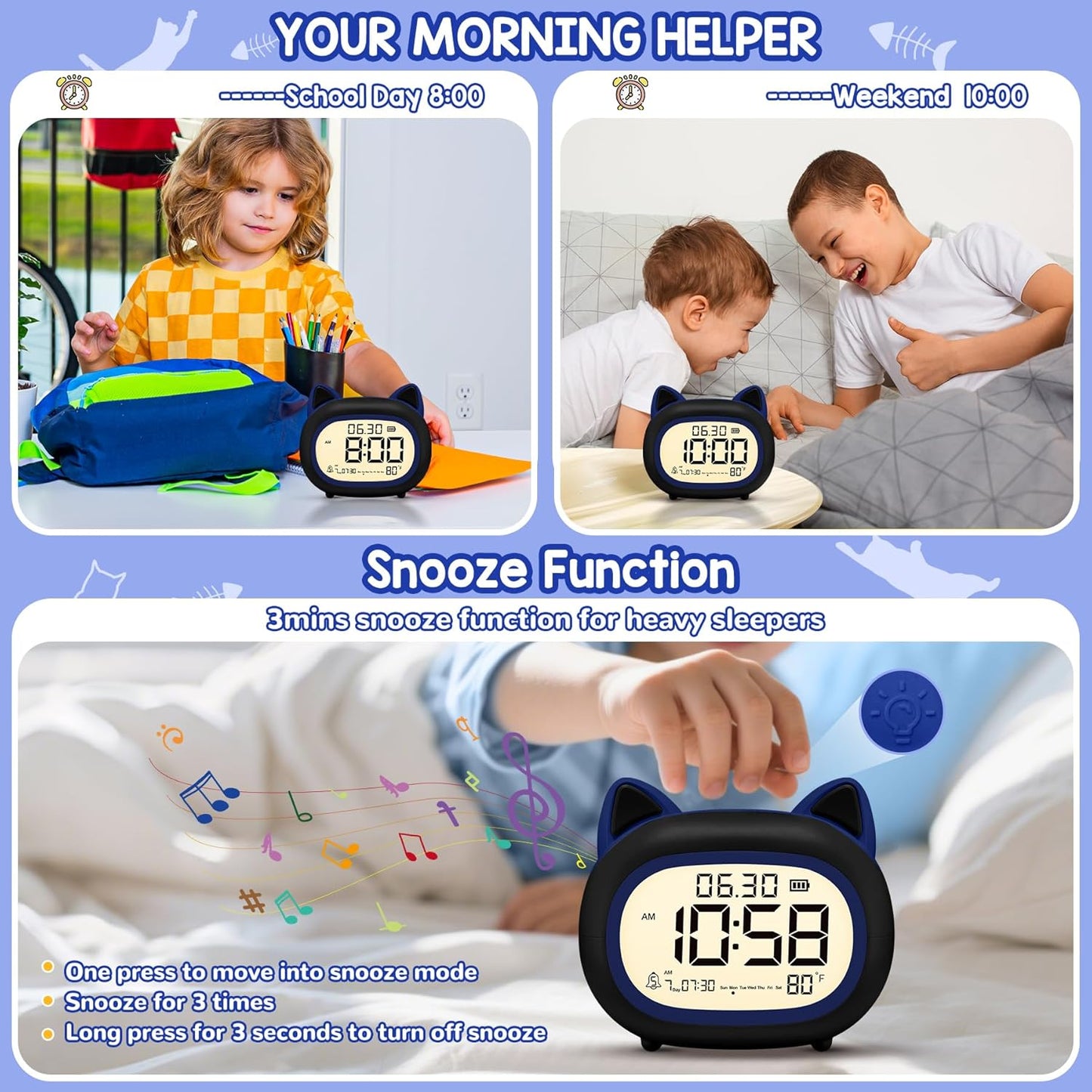 Kids Alarm Clock with Night Light for Kids, Small Digital Alarm Clocks for Bedrooms, Routine Builder, Cute Cat Alarm Clock with Sleep Training, Snooze, 12/24H, Date & Day, Temperature, USB Port