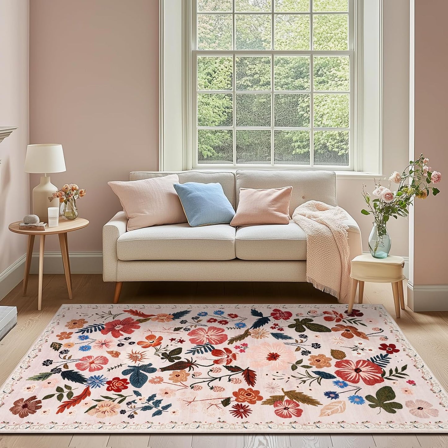 Area Rugs 4x6 for Living Room Machine Washable Non Slip Sound Absorbing Soft Faux Fur Low Pile Carpet Rugs Beige Boho Floral Rug for Living Room Bedroom Kids Room College Dorm Dining Room