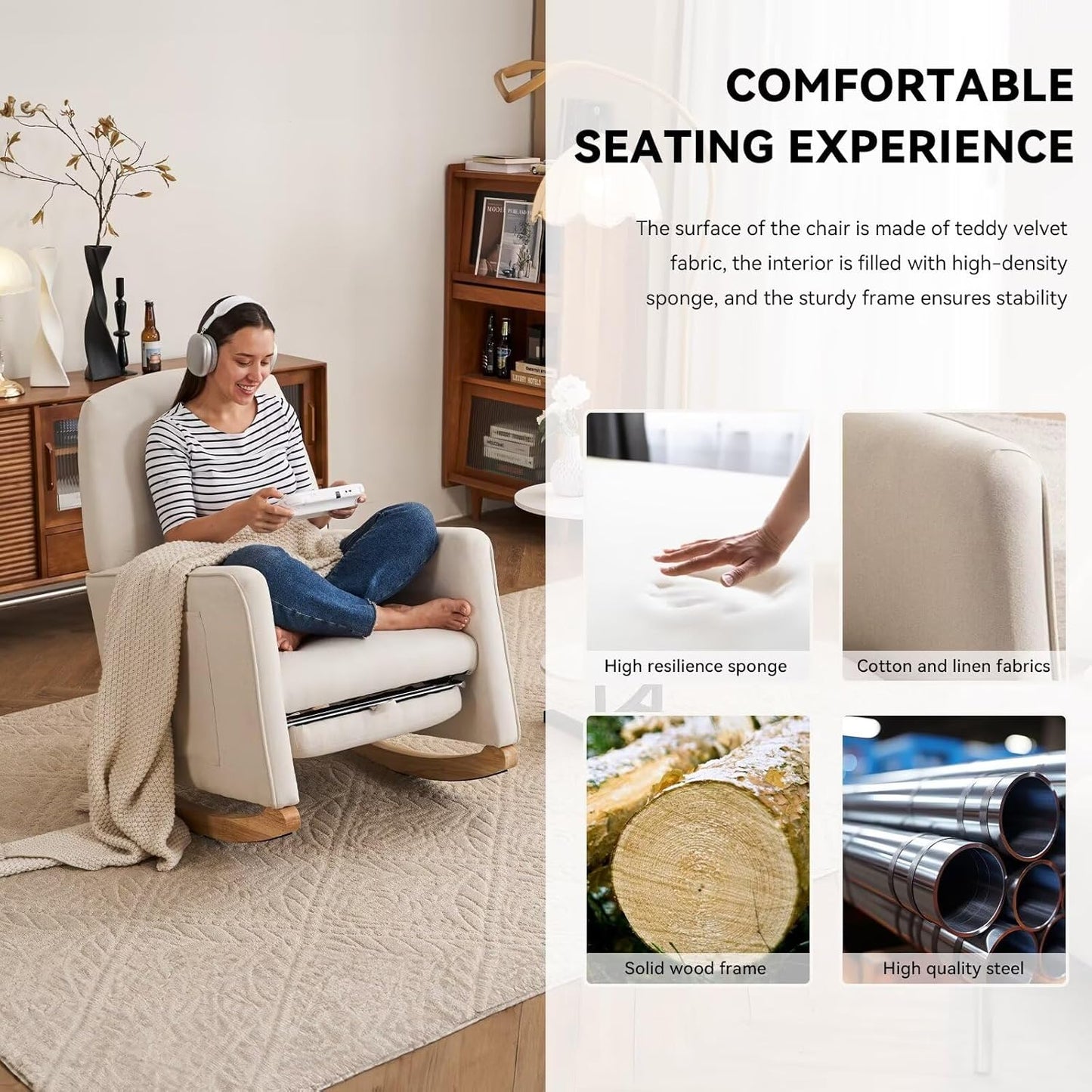 FOXHUNTER Rocking Chair Nursery with Adjustable Footrest and High Backrest, Upholstered Glider Chairs with Side Pockets for Nursery, Rocker Armchair Indoor for Living Room,Beige